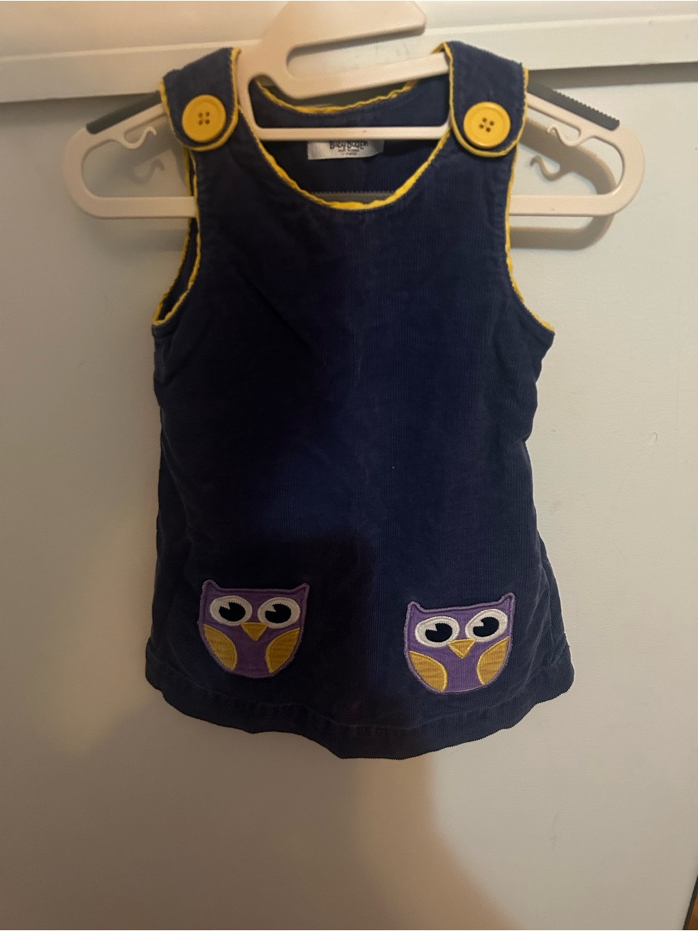 Baby Boden Navy Corduroy Tank Dress with Purple and Yellow Owl Patches